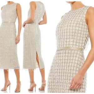 Mac Duggal Sleeveless Tweed Beaded Fringe Midi Dress In Nude Size 8 NWT